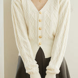 French vintage cable-knit V-neck cardigan sweater coat