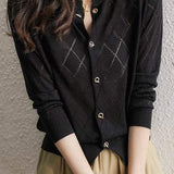 Round Neck Open Knit Check Pattern Cardigan - 3 Colors Available