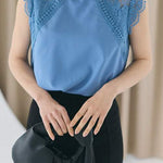 スタンドカラー刺繡レースドッキングブラウス　3色入 - liwisi