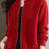 Pearl-decorated knitted sweater cardigan