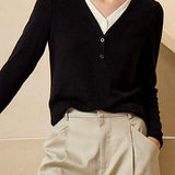 Faux Two-Piece V-Neck Long Sleeve Knit Top