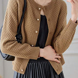 Textured Crew Neck Long Sleeve Knit Cardigan