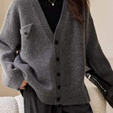 V-Neck Long Sleeve Solid Knit Cardigan