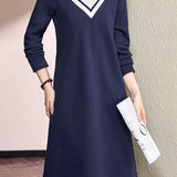 Simple and Elegant Color-blocking Polo Collar Faux Layered A-line Skirt