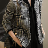 No-Collar Houndstooth Fringed Knit Cardigan