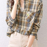 Applique Decor Check Pattern Casual Shirt