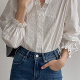 Mixed Material V-Neck Embroidered Lace Decor Blouse