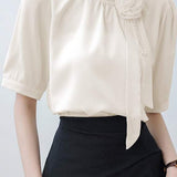 Ruffle Collar 3D Rose Brooch Decor Satin Blouse