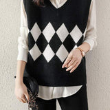 Casual V-Neck Diamond Pattern Knit Vest - 3 Colors Available