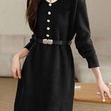 Turn-down collar mid-length waist-cinched long-sleeved knitted dresses