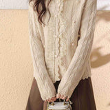 Ruffled Collar Embroidered Lace Decor Knit Cardigan