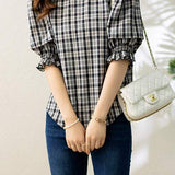 Ruffle Decor Round Neck Check Blouse