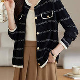 Elegant Round Neck Long Sleeve Striped Cardigan - 4 Colors Available