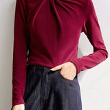 Solid color twisted-pleated mock neck bottoming shirt