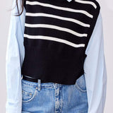 Faux Two-Piece Long-Sleeve Striped Knit Sweater