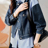 Casual Two-Piece Set: Denim Patchwork Striped Shirt + Denim Vest