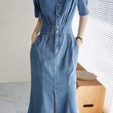 Gaun denim mermaid belahan hadapan V-neck