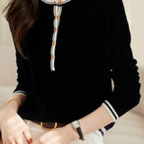 Round Neck Fashionable Two-tone Long-sleeved Top