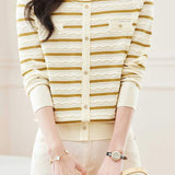 Fashionable Striped Open-Front Cutout Long Sleeve Knit Cardigan