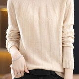 Vertical striped mock neck long-sleeved knitted sweater