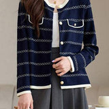 Elegant Round Neck Long Sleeve Striped Cardigan - 4 Colors Available