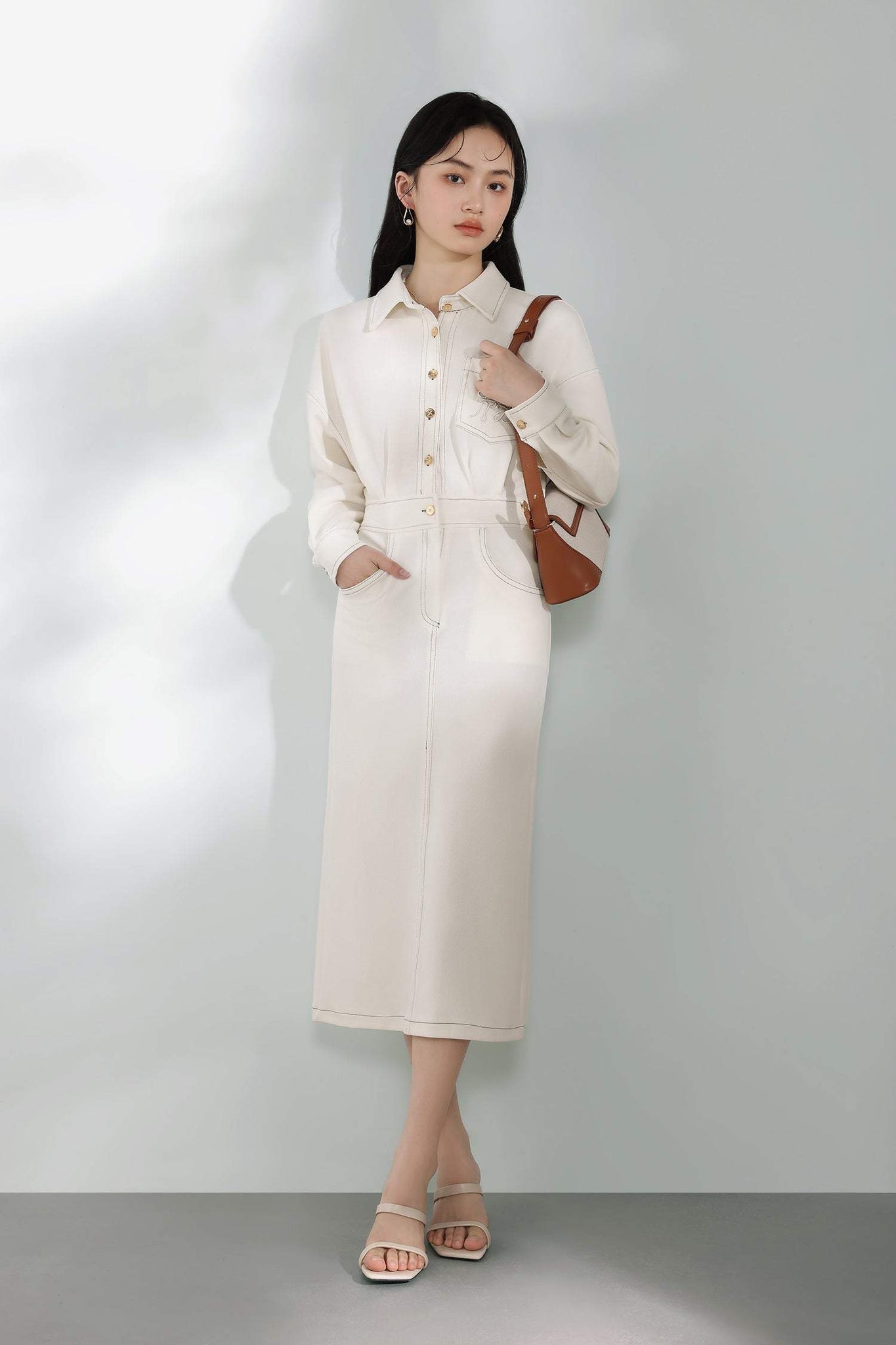 Back slit logo embroidery long shirt dress, 2 colors included