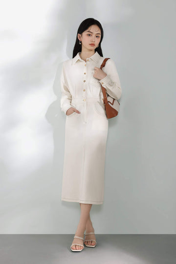 Back slit logo embroidery long shirt dress, 2 colors included