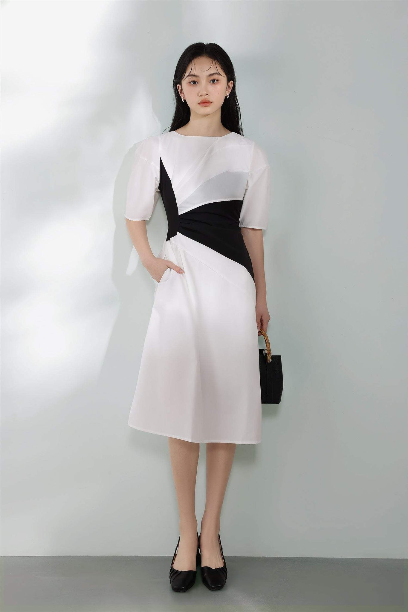 Bicolor irregular switching flare dress with lining