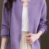 Pearl-decorated knitted sweater cardigan