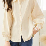 Scalloped Collar Puff Sleeve Long Sleeve Shirt - 2 Colors Available