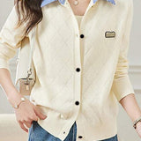 Mixed Material Shirt Collar Striped Logo Embroidered Knit Cardigan - 3 Colors Available