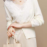 V-Neck Embroidered Lace Decor Knit Cardigan - 3 Colors Available