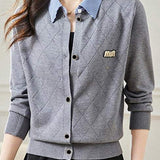 Mixed Material Shirt Collar Striped Logo Embroidered Knit Cardigan - 3 Colors Available