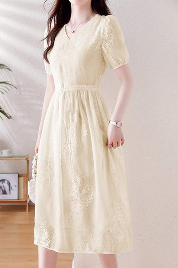 V-neck flower embroidery lace dress with lining