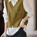 Color Block Spliced Faux Layered Vest Shirt