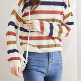 Color-Block Striped Loose Hollow-Out Long Sleeve Top