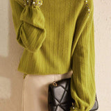 Elegant beaded high - neck knitted sweater