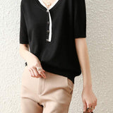 Bi-Color V-Neck Button Decor Knit Top