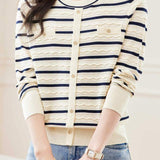 Fashionable Striped Open-Front Cutout Long Sleeve Knit Cardigan