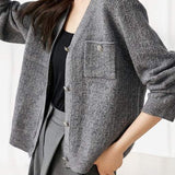 Chanel-Inspired V-Neck Rib Hem Knit Cardigan