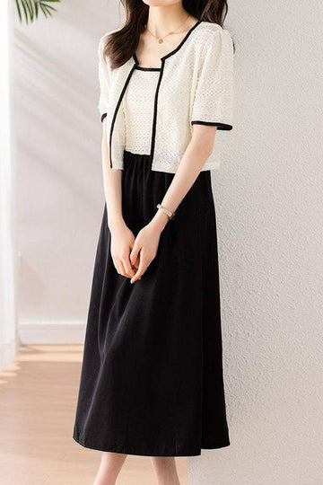 Two-piece set: round neck openwork knit bolero + bicolor openwork knit long cami dress