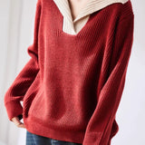 Lapel color-blocked knitted sweater