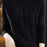 Vertical striped mock neck long-sleeved knitted sweater