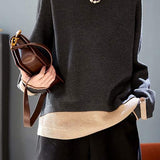 Casual Faux Two-Piece Crew Neck Knit Sweater