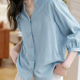 Skipper Collar Covered Button Embroidered Blouse