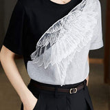 Bi-Color Side Slit Wing Embroidered T-Shirt