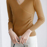 V-Neck Front Cross Side Gathered Button Decor Knit - 4 Colors Available