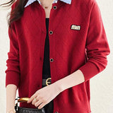 Mixed Material Shirt Collar Striped Logo Embroidered Knit Cardigan - 3 Colors Available