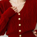 French vintage cable-knit V-neck cardigan sweater coat