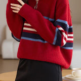 High-neck color-blocked striped knitwear